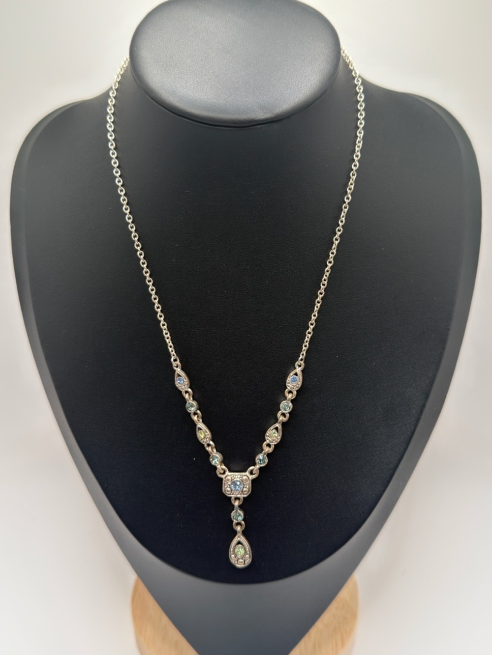 Vintage Inspired Statement Necklace Silver Blue Green Gemstone‎ Teardrop Pendant